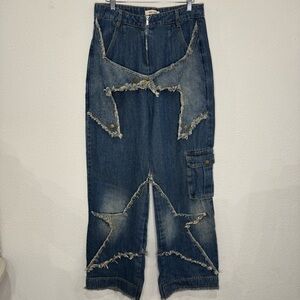 Kenvibe Star Patch Jeans Distressed Wide Leg Cargo Y2K Grunge Women’s Size Large